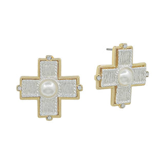MIXED METAL PEARL CROSS STUDS