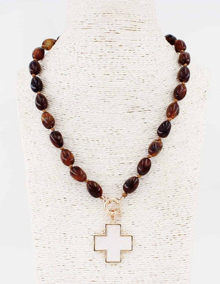 BROWN BEADED CROSS NECKLACE