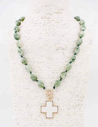 OLIVE BEADED AND CROSS NECKLACE